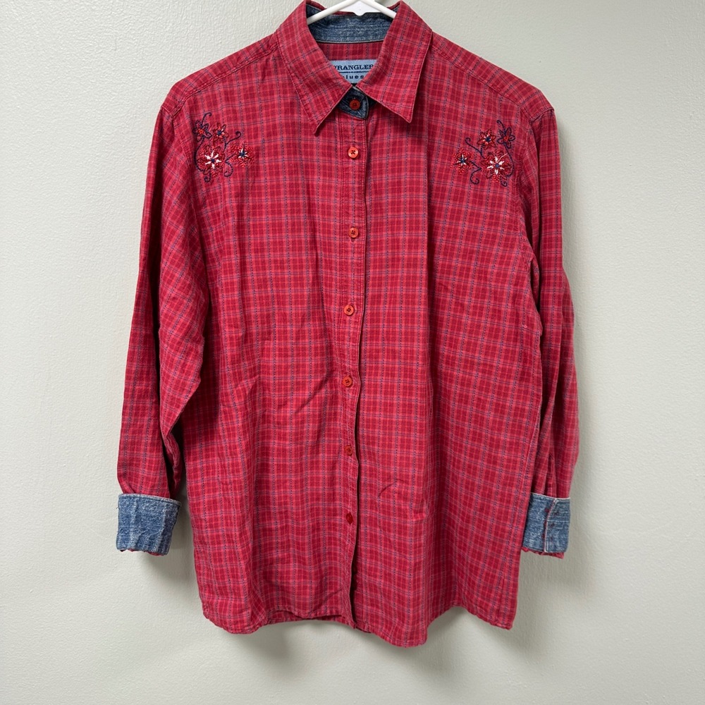 Wrangler Blues Red Plaid Embroidered Floral‎ Western Button Down Shirt Medium